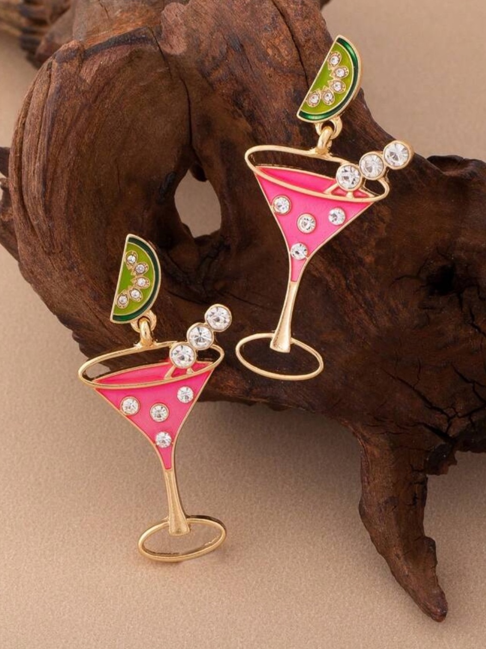 Gold-Tone Pink Martini Drop Earrings with Green Lime Accent